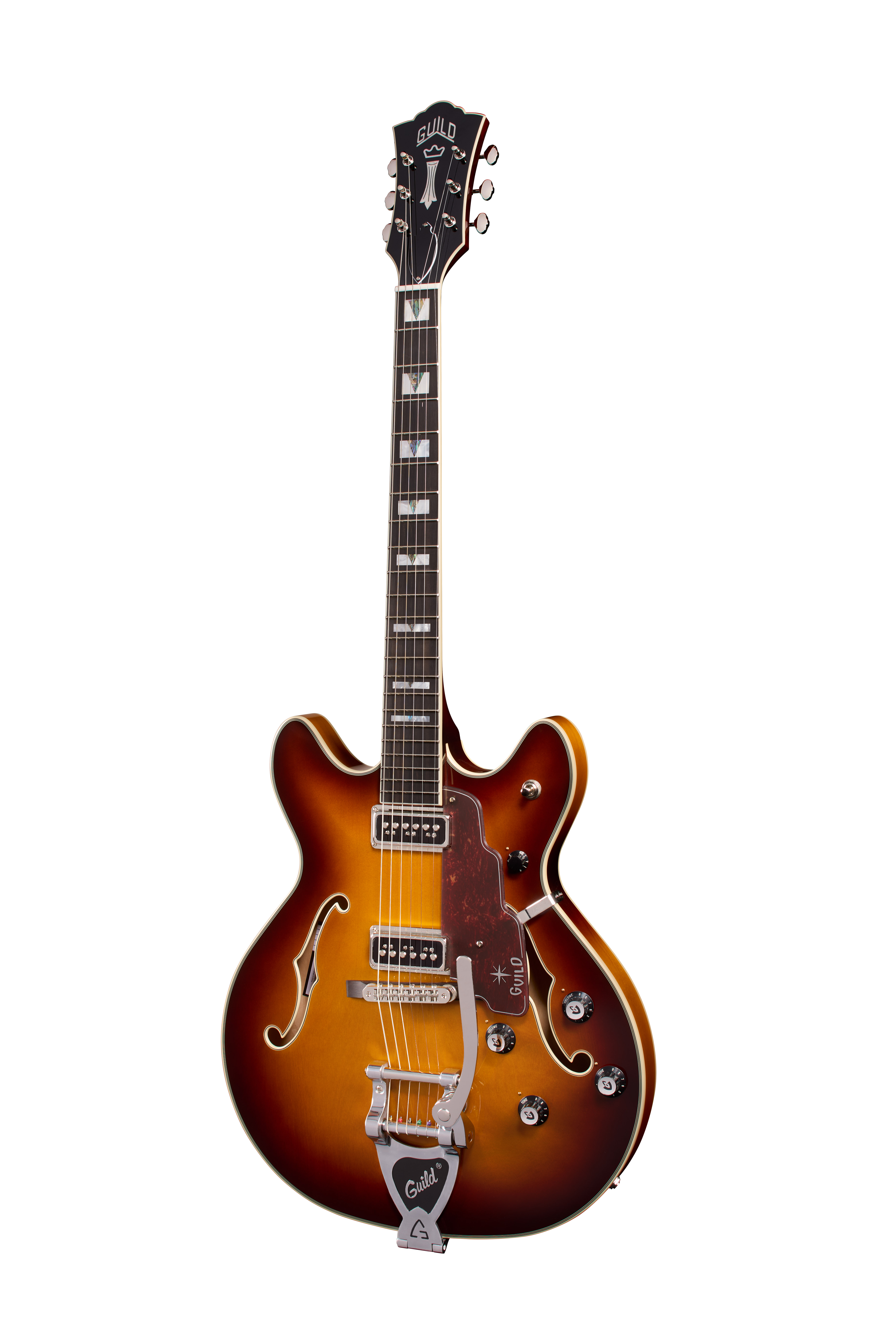 elektrische Gitarre, Hohlkörper, Sunburst, Doppelschlitz, Bigsby-Tremolo